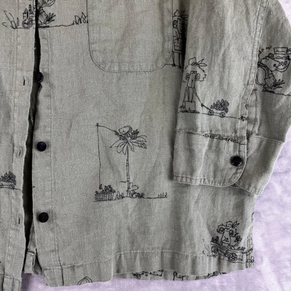 Chico's Button Down Shirt Women‎ 2 Green Linen Novelty Print Tropical (1470)